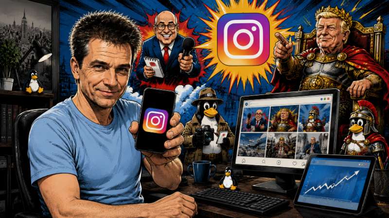 T.C. Müller im hellblauen T-Shirt präsentiert in einer farbenfrohen Real-Comic-Szene den neuen Instagram-Auftritt von Satiressum. Um ihn herum sind Figuren aus den Projekten Ronald Tramp und Empire of Trumpius, mehrere Linux-Pinguine sowie Monitore mit In