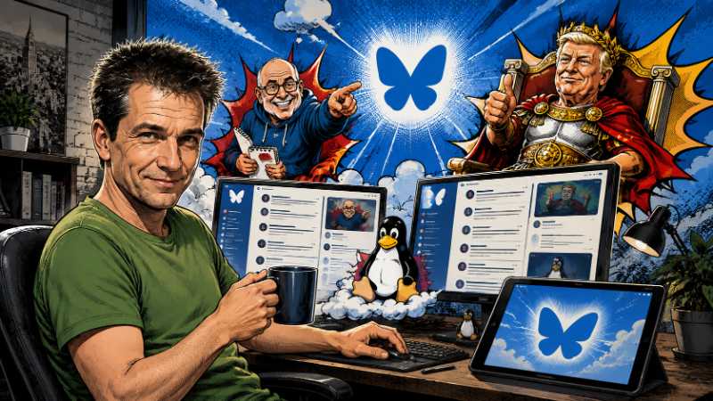 T.C. Müller im grünen T-Shirt präsentiert auf seinem Smartphone den Bluesky-Account von Satiressum. Im Hintergrund symbolisieren Comic-Illustrationen von Ronald Tramp, Empire of Trumpius, fliegende blaue Vögel und ein Linux-Pinguin die Zusammenführung sei